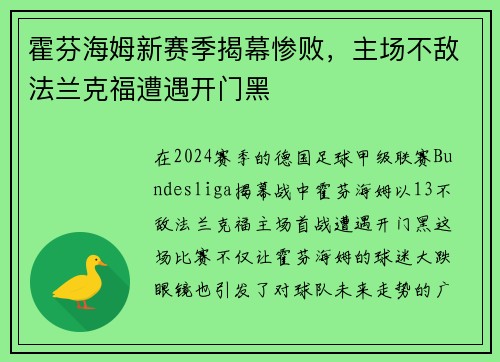 霍芬海姆新赛季揭幕惨败，主场不敌法兰克福遭遇开门黑
